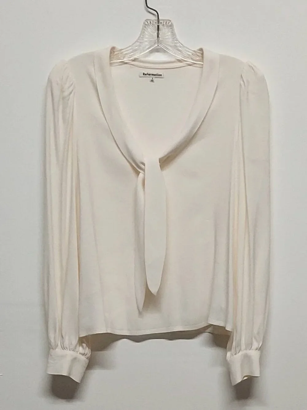 Reformation Ivory “Anaya” Puff shoulder Long-Sleeve Bow Tie Blouse Size: S